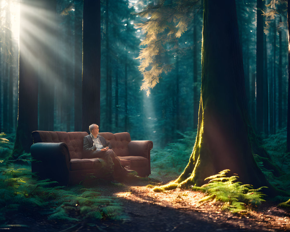 Tranquil forest scene with person on sofa in sunlight