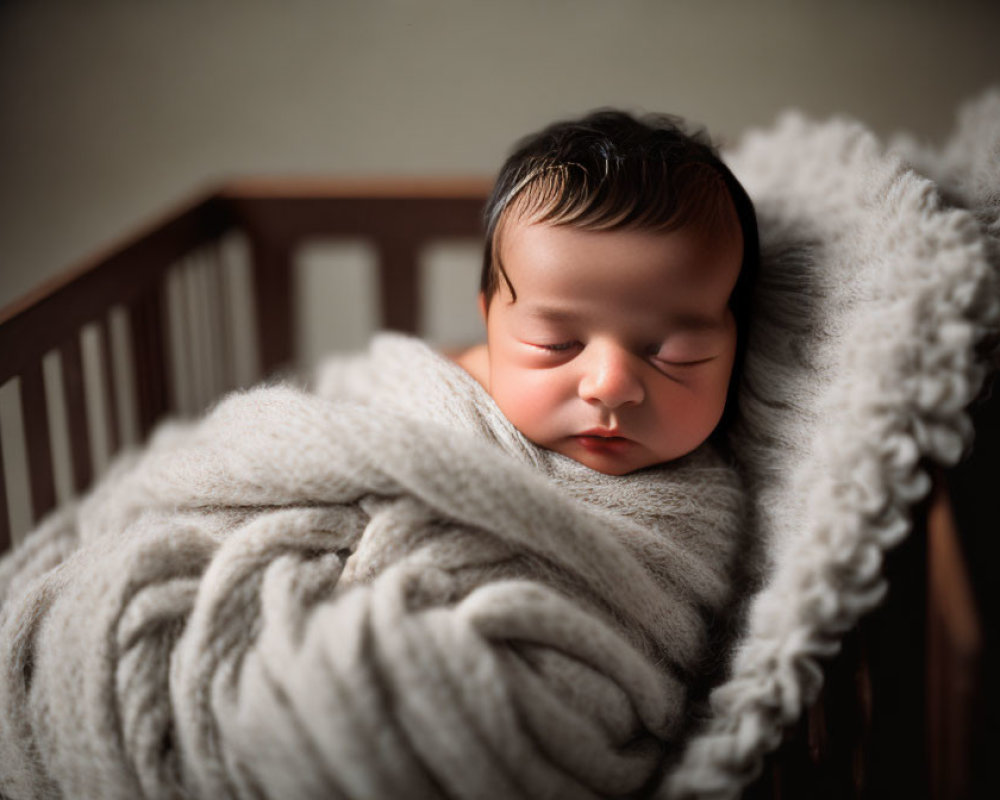 Peaceful Newborn Sleeping in Wooden Crib with Knit Blanket