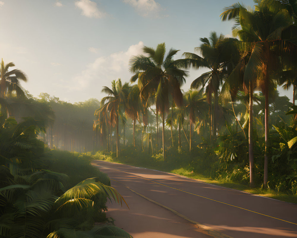 Tropical sunrise: winding road, palm trees, misty glow