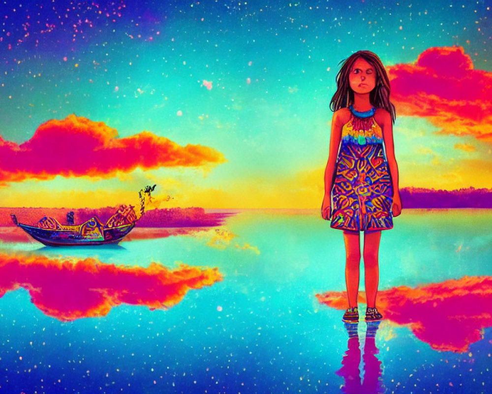 Young girl on water under vibrant sky with stars and colorful boat at surreal sunset