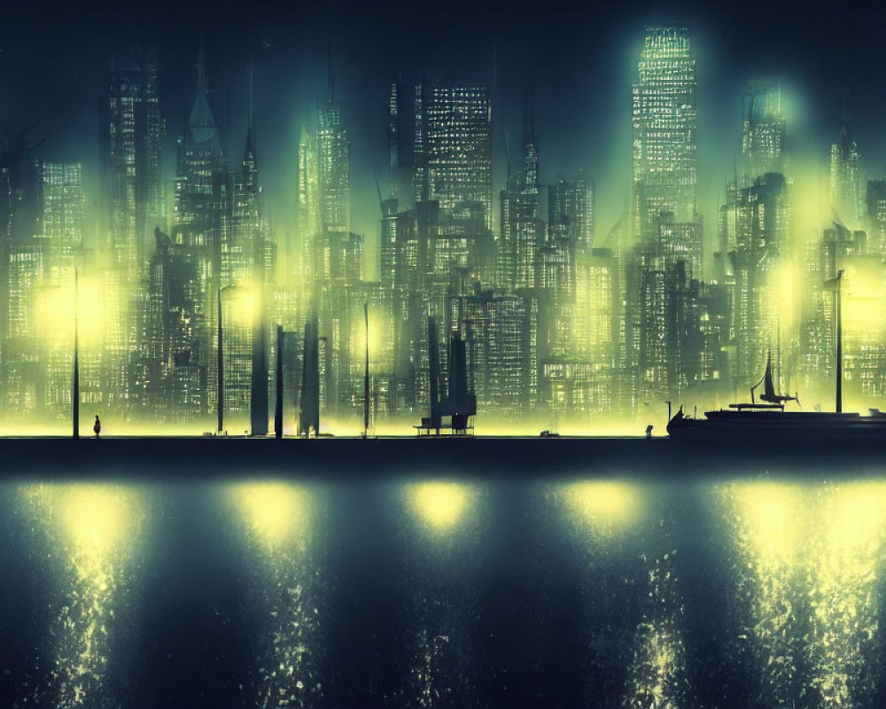 Futuristic night cityscape with glowing skyscrapers and misty reflections