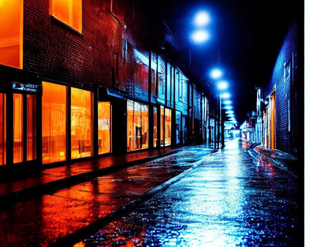 City Street Shining with Blue and Orange Lights at Night