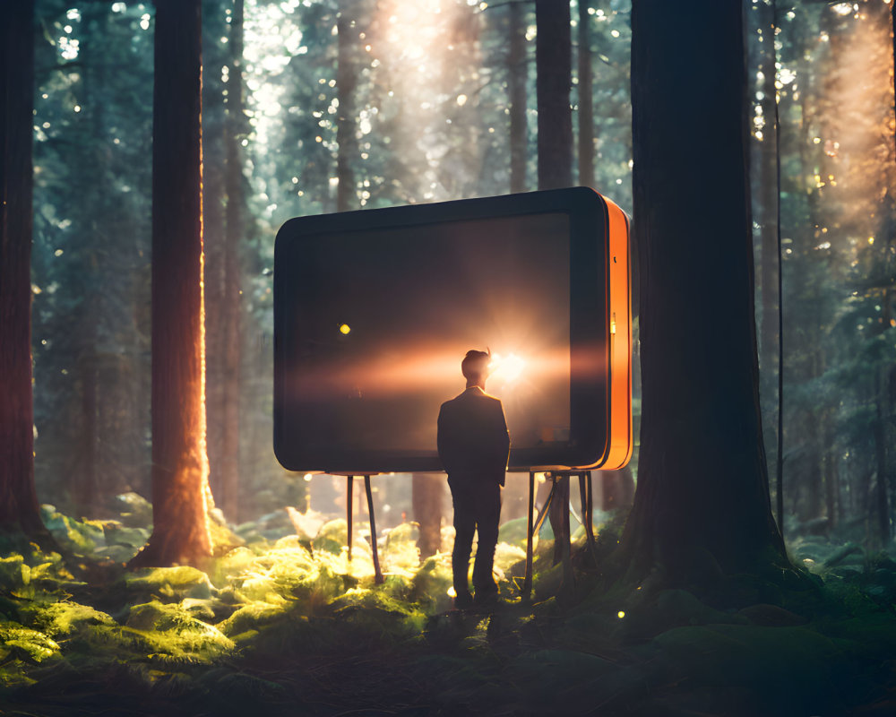 Silhouetted figure in misty forest with oversized lit billboard