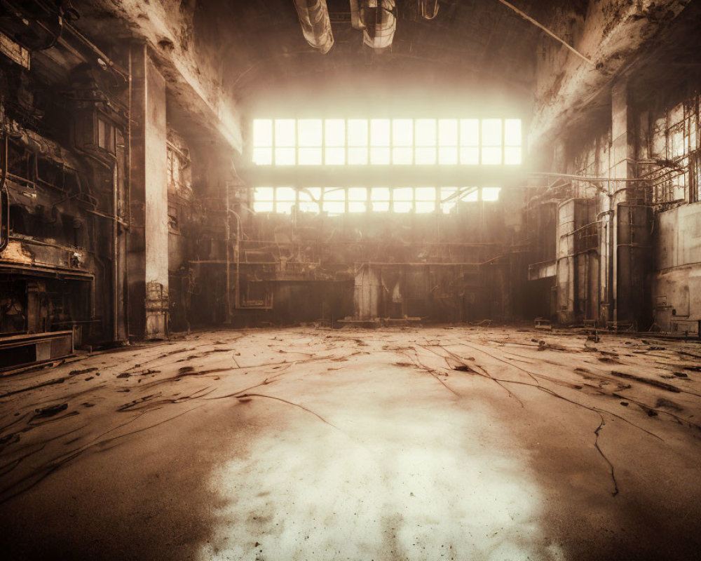 Decaying industrial building with sunlight highlighting cracked floor