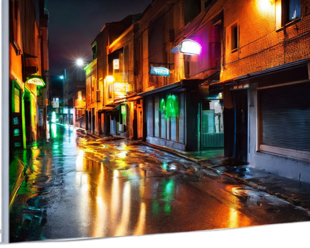 Vibrant neon signs illuminate rain-slicked alley at night