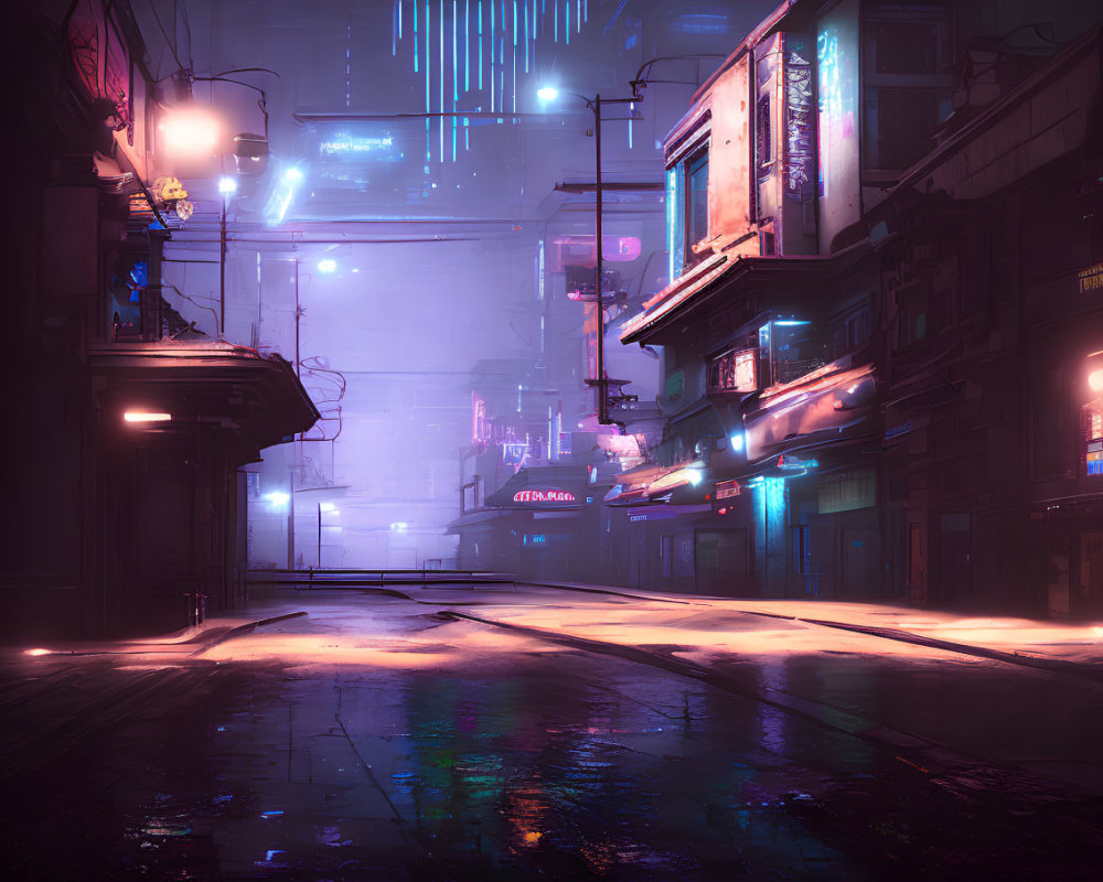 Futuristic neon-lit cityscape at night with wet streets and towering buildings