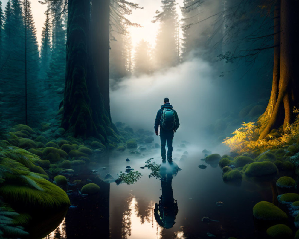 Hiker in misty forest with tall trees and reflective water