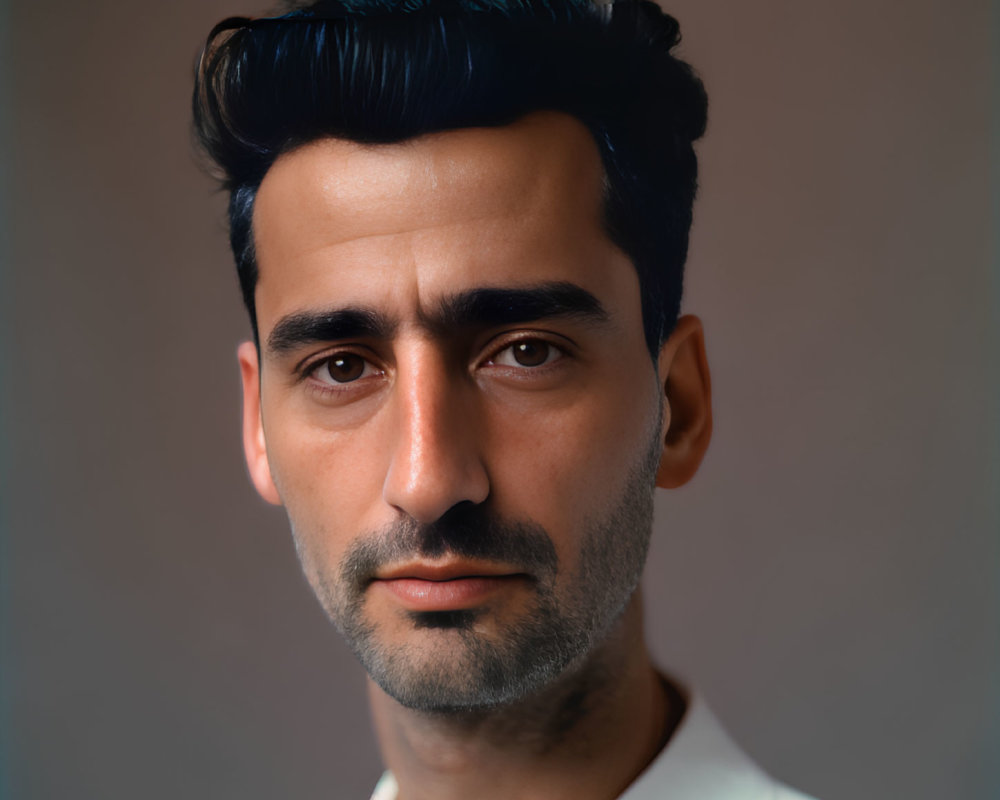 Serious man portrait with styled dark hair and short beard