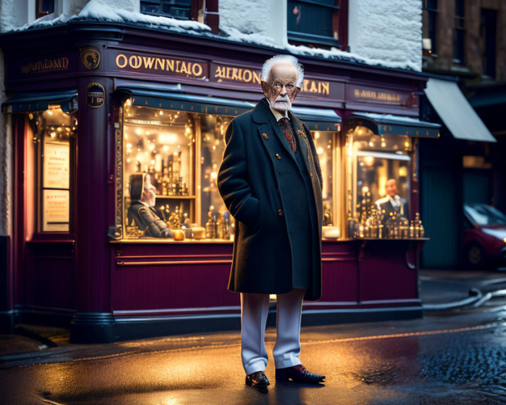 White-bearded elderly man in dark coat and white pants outside cozy shop at dusk