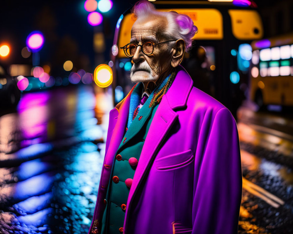 Elderly man in vibrant purple suit on wet city street at night