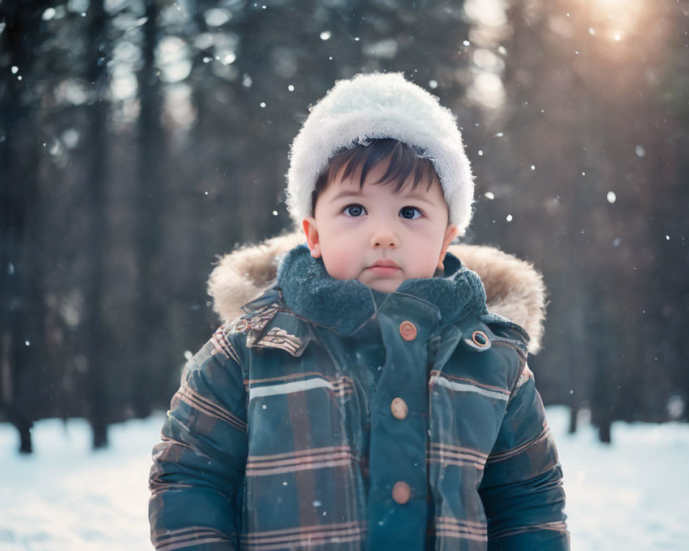 Toddler in winter hat in snowy forest with falling snowflakes