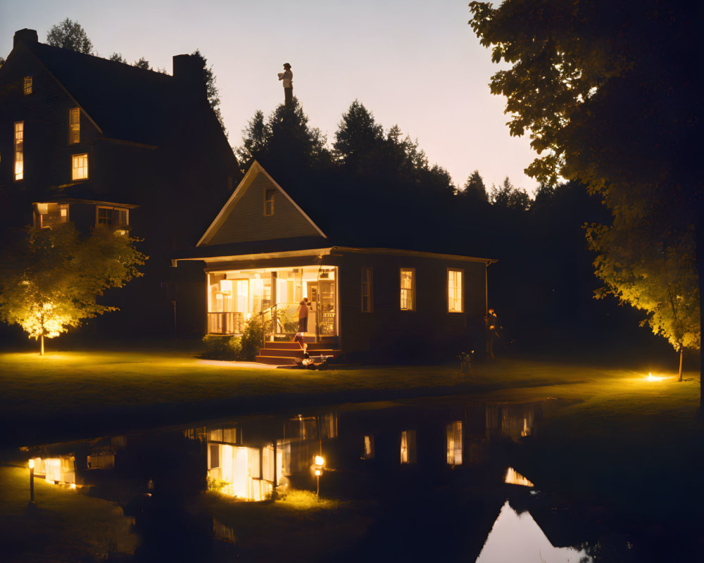 Peaceful Two-Story House Reflecting on Pond at Dusk