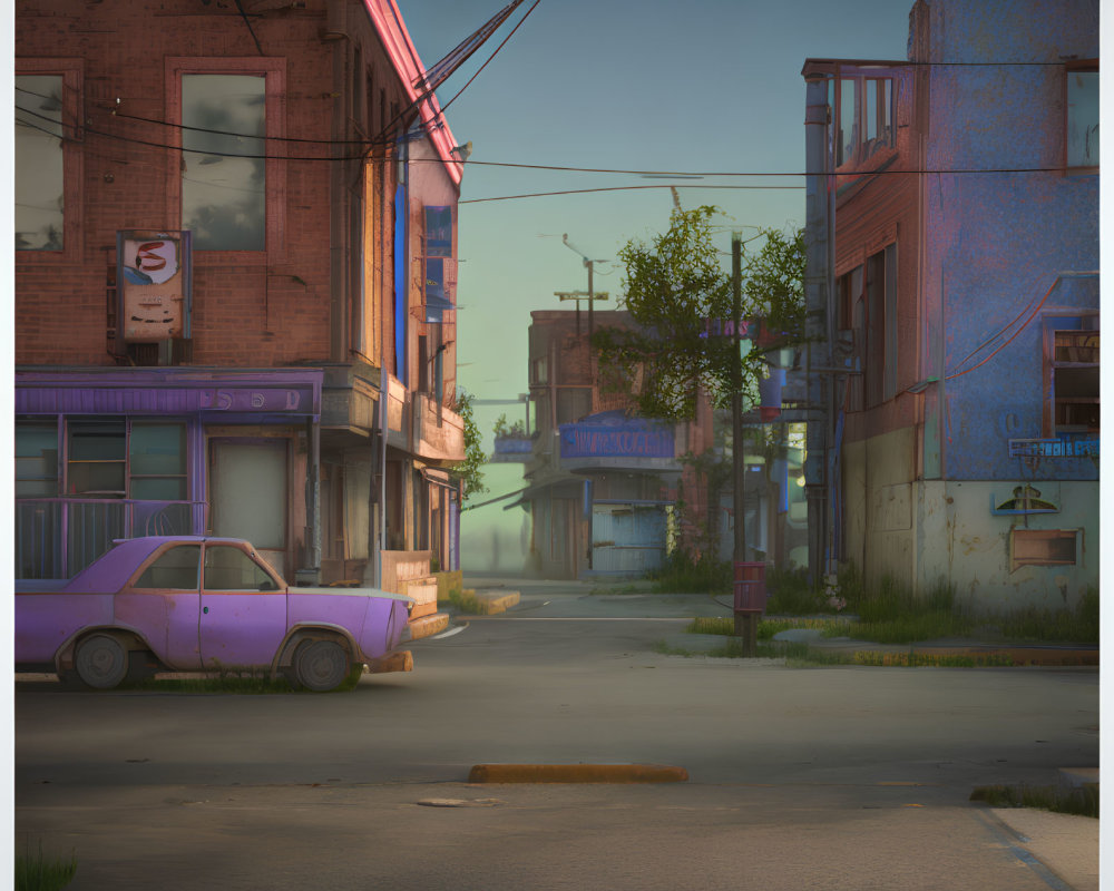 Deserted urban street at sunset with dilapidated buildings and abandoned purple car