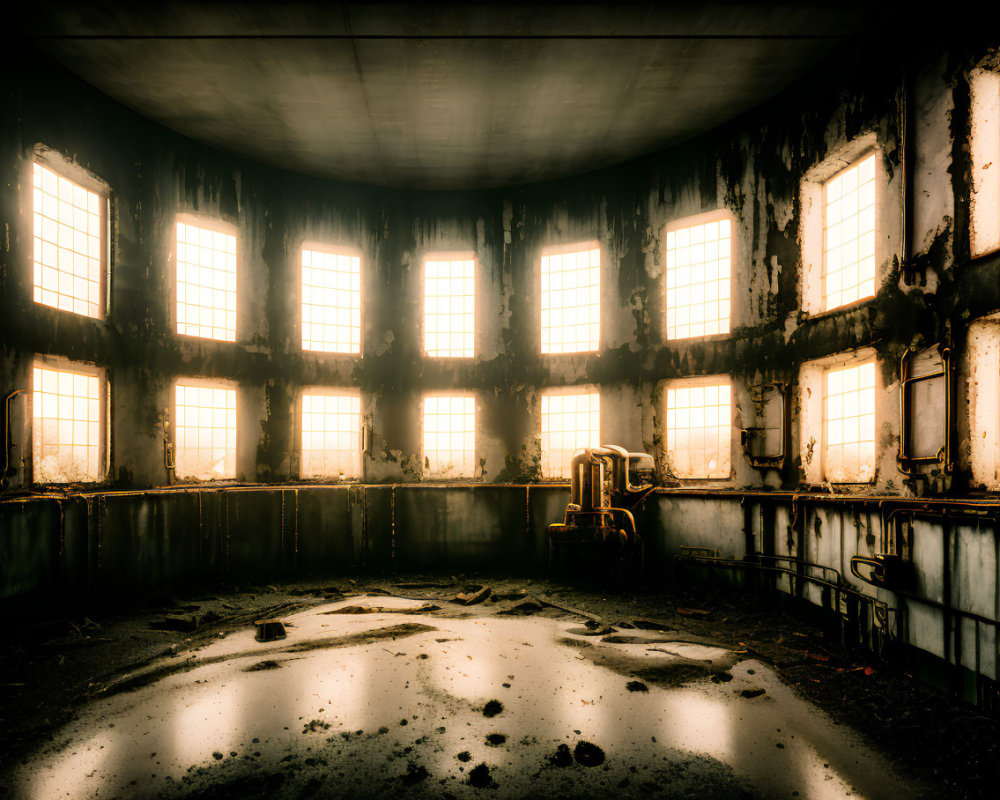 Decaying industrial room with sunlight and shadows over rusty equipment.