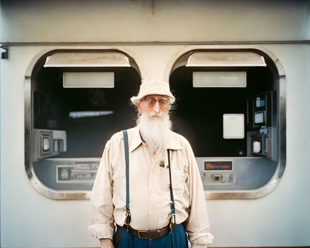 Elderly man with white beard in front of train carriage wearing hat and glasses