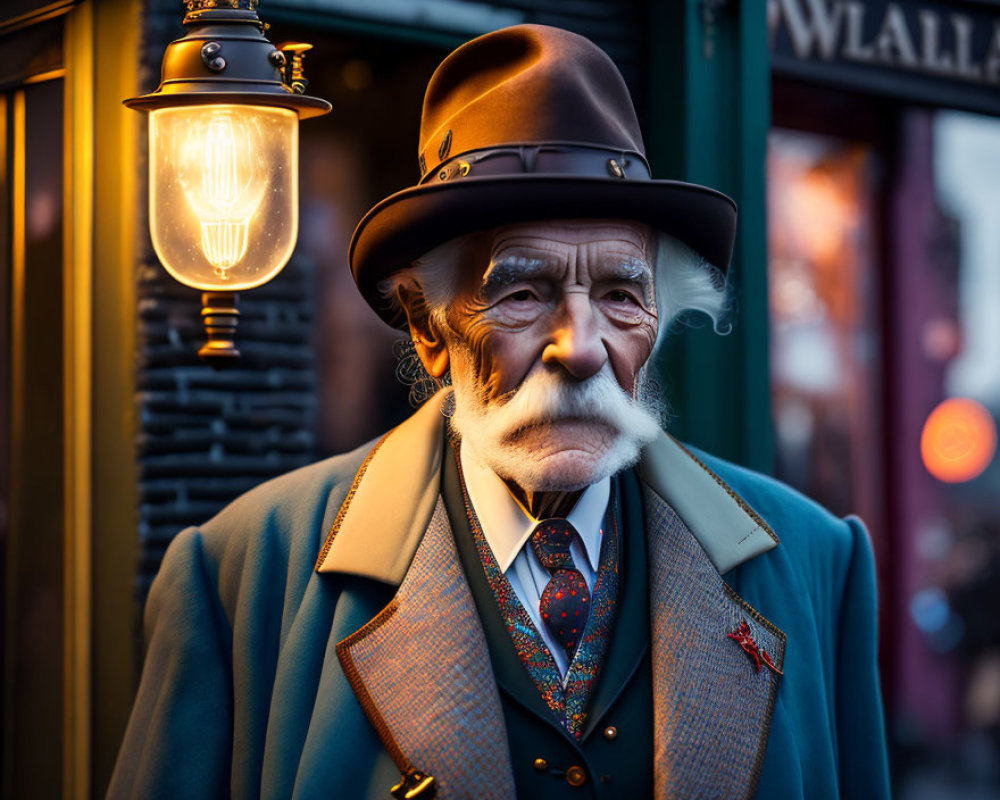 Elderly man in dark hat and blue coat by lit street lamp at dusk