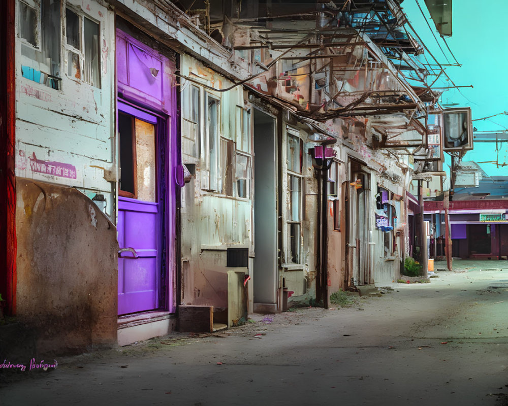 Urban alley with peeling paint, bright purple door, faded walls