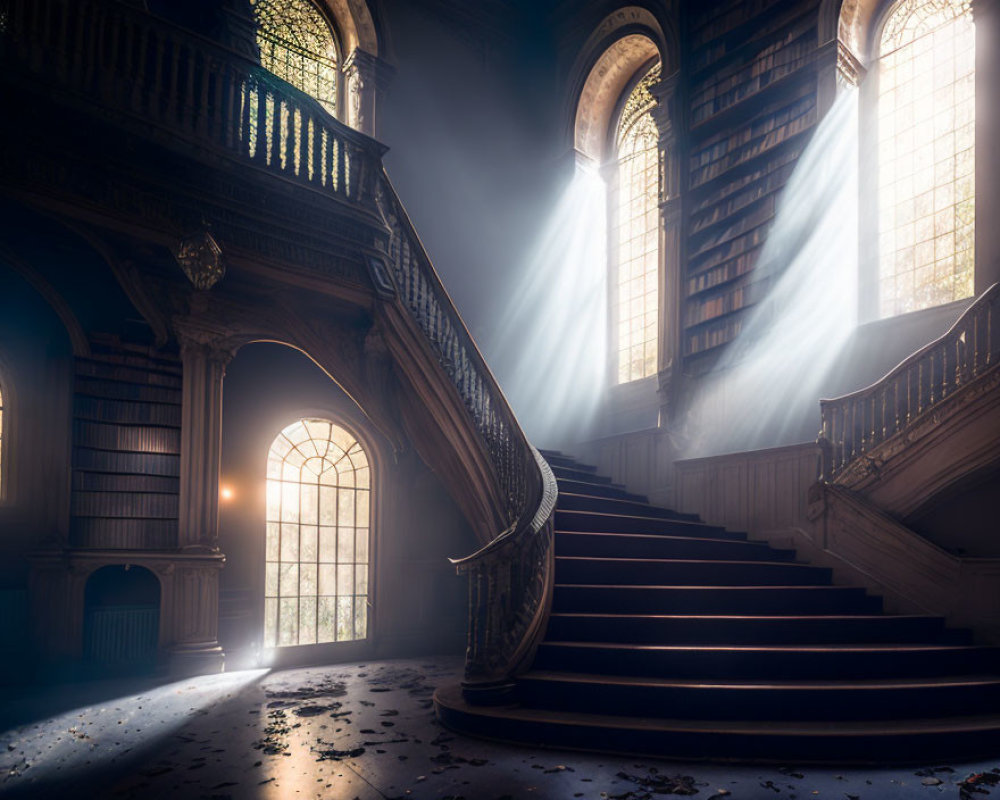 Deserted grand staircase with sunlight and shadows