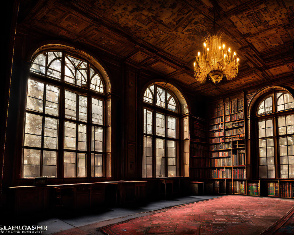 Opulent old library with tall arched windows and book-filled shelves