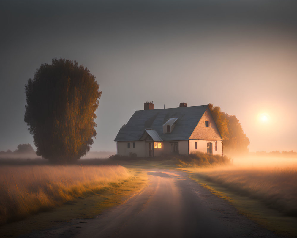 Serene sunrise scene with glowing sun on countryside house and misty field