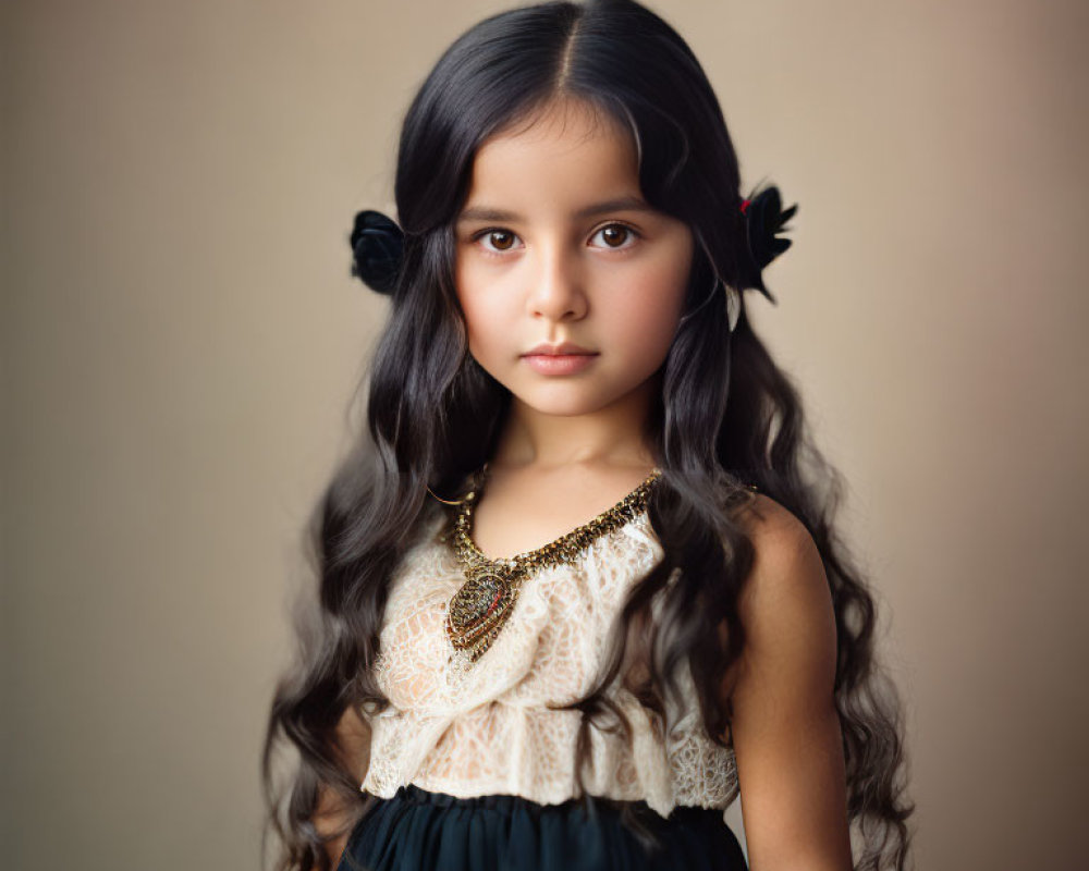 Young Girl with Dark Hair and Black Bows in White and Navy Dress on Neutral Background