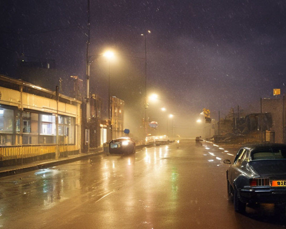 Snowy night scene: dimly lit street with parked cars, glowing streetlight, and foggy