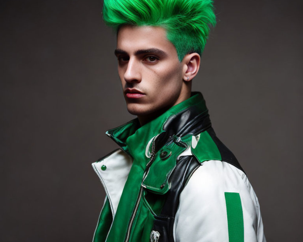 Vibrant green hair person in green & white leather jacket on dark background