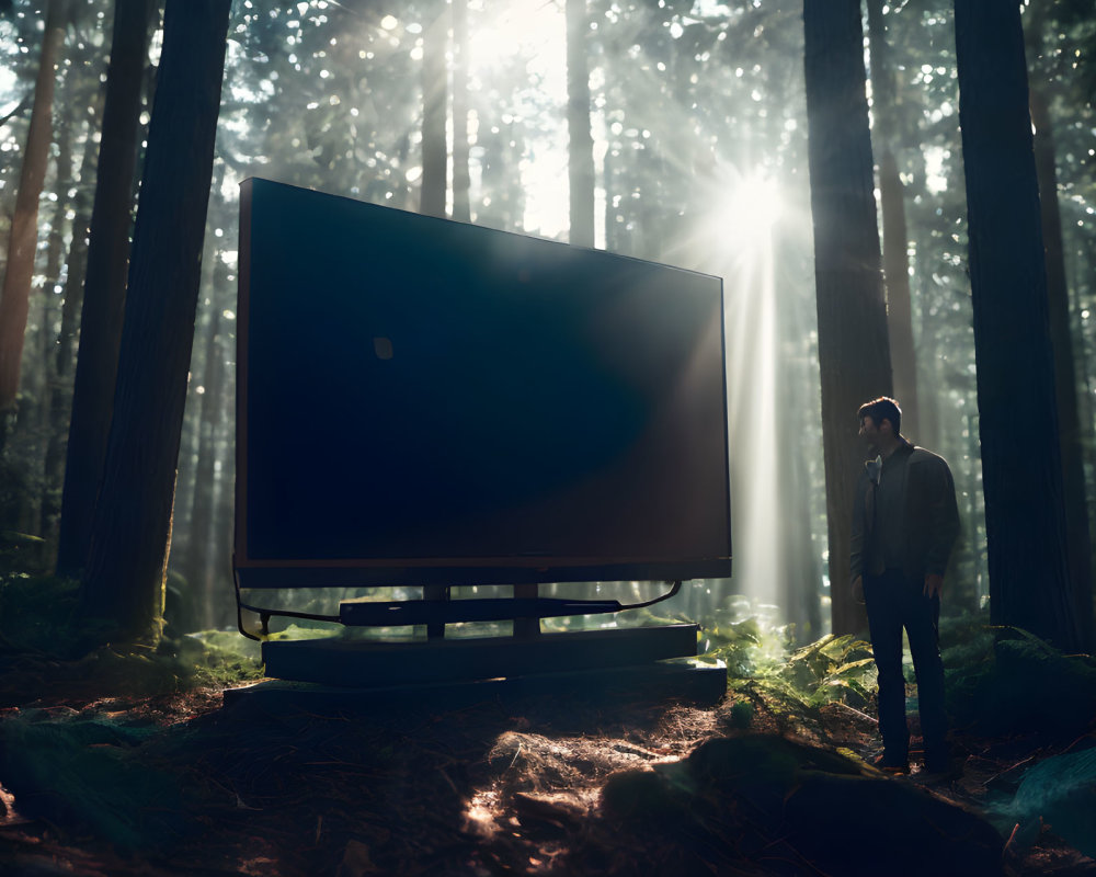 Man standing next to large TV in forest with sunlight filtering through trees