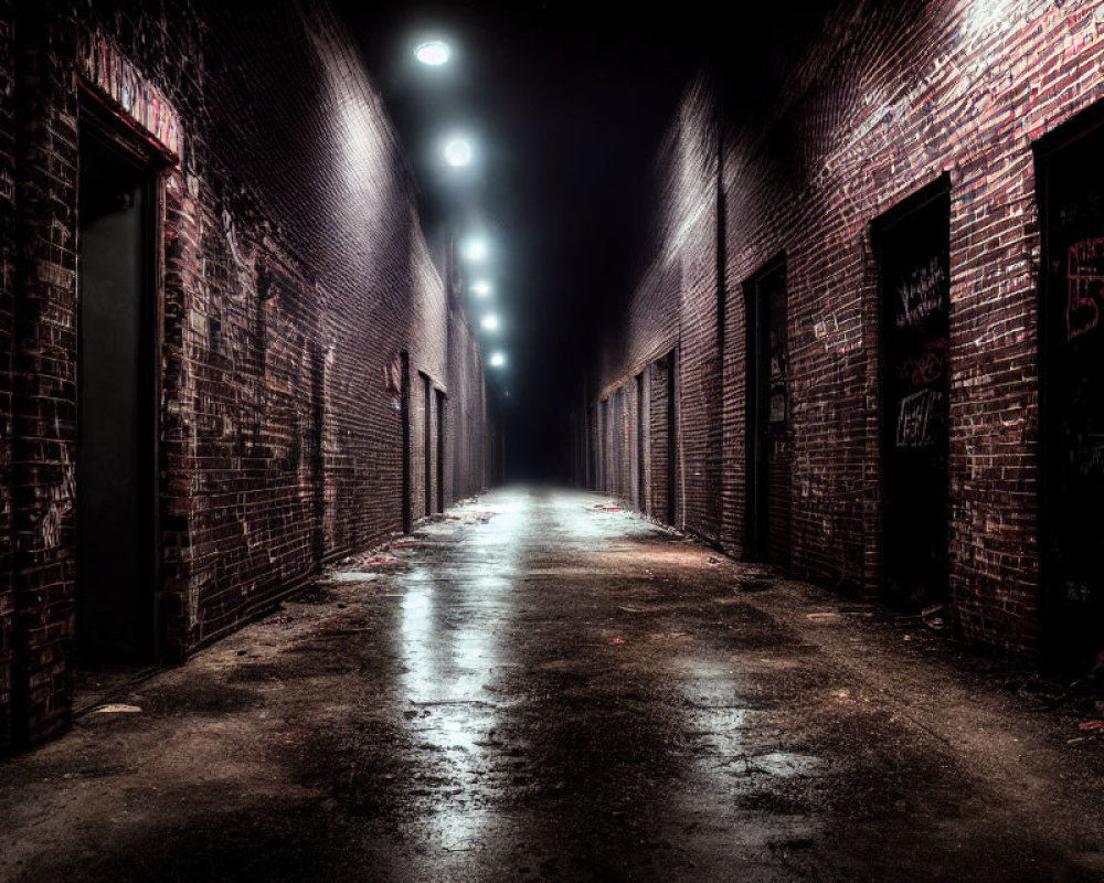 Dark alley at night with wet ground, graffiti walls, converging perspective