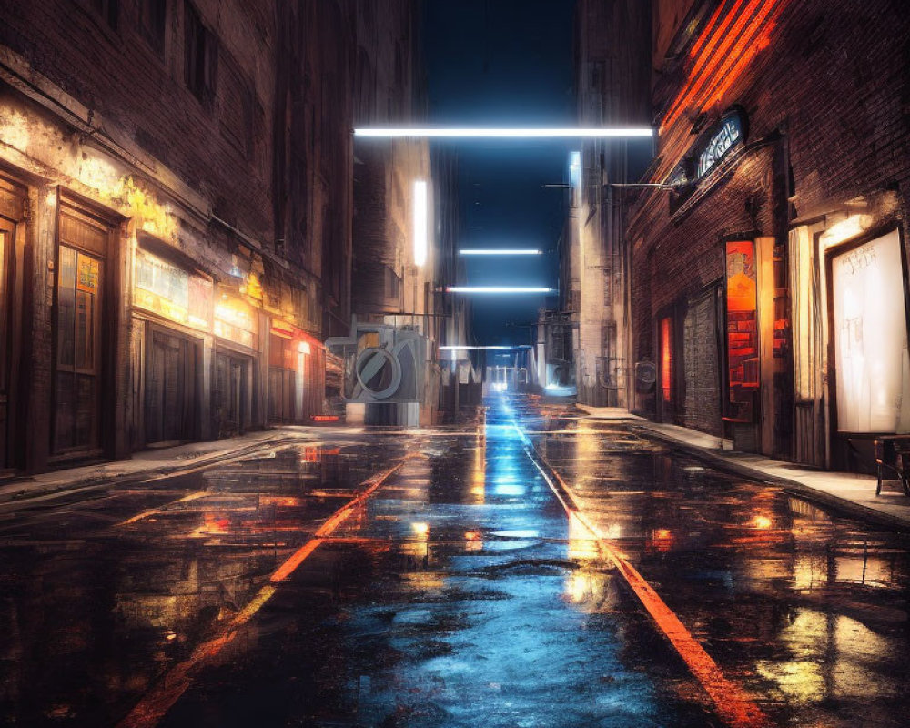 Vibrant neon-lit urban alley at night with wet streets and brick buildings