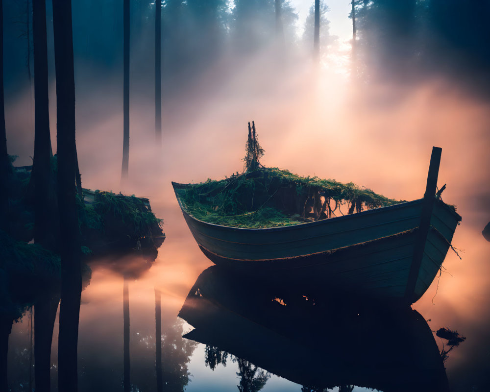 Mystical boat on tranquil lake in misty forest glow