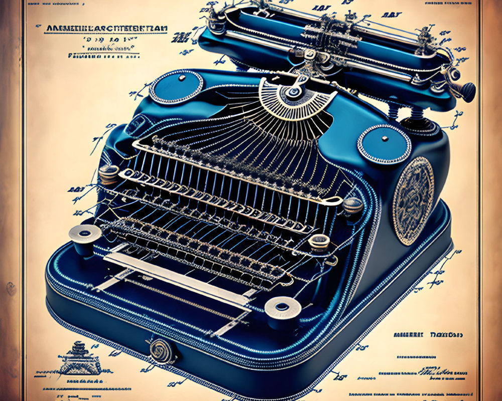 Detailed vintage typewriter technical blueprint with design annotations