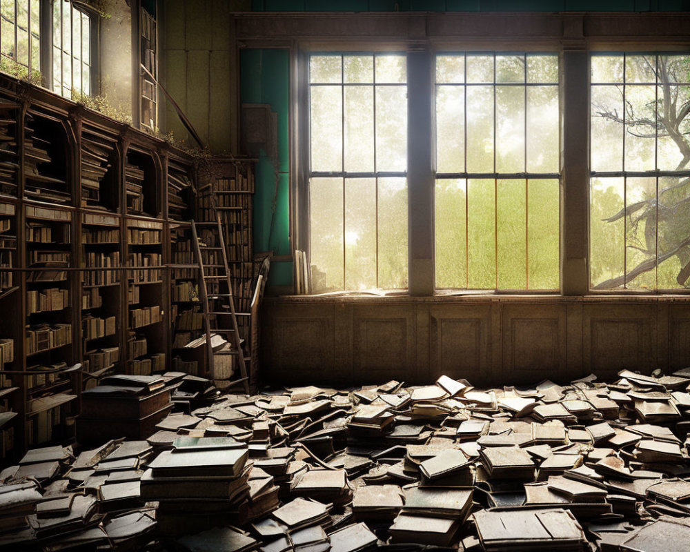 Abandoned library with scattered books and overgrown foliage captured in natural light