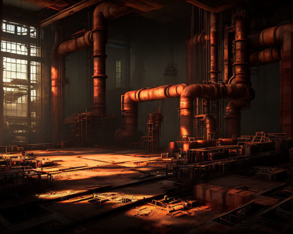 Rusty pipes and dramatic shadows in industrial interior