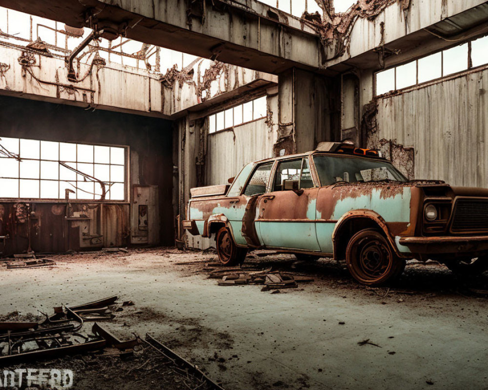 Abandoned rusty car in dilapidated warehouse