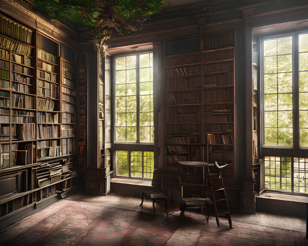 Vintage library with wood-paneled walls and large windows overlooking green foliage