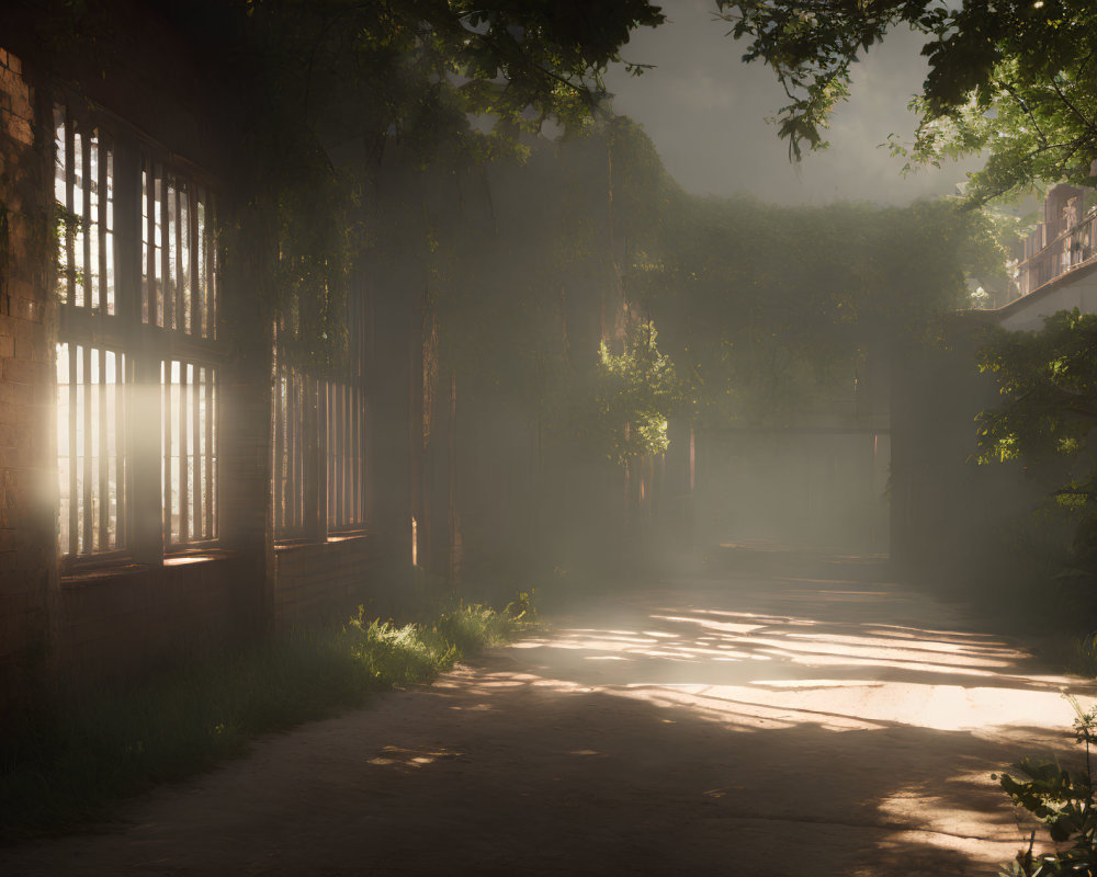 Sunlight filtering through windows and trees in misty ivy-draped alleyway