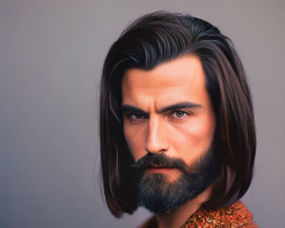 Dark-haired man with full beard in orange shirt on muted backdrop