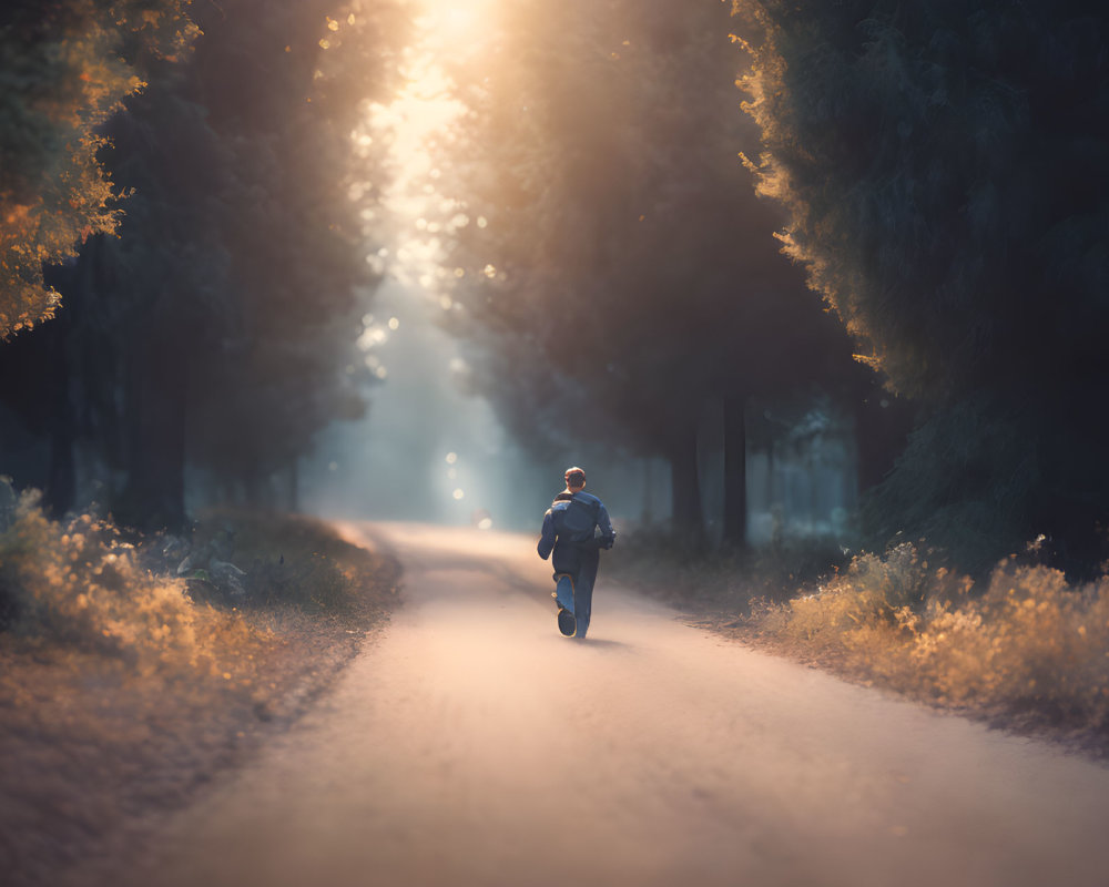 Person Running on Sunlit Forest Path in Serene Atmosphere