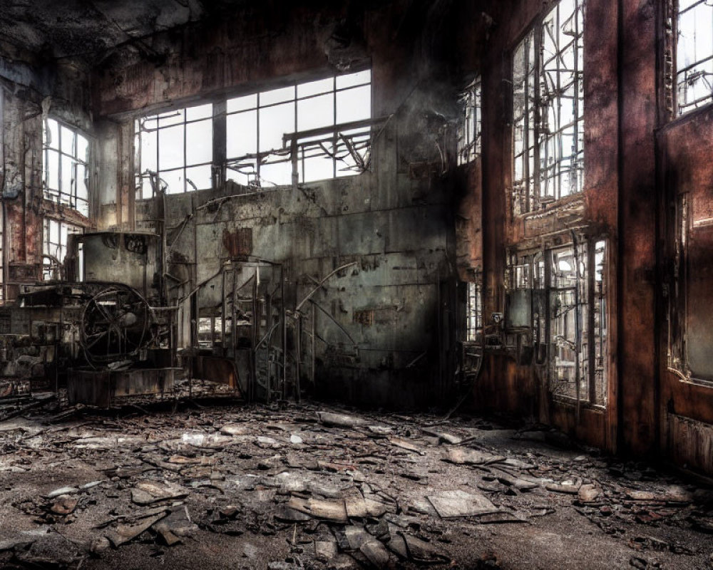 Abandoned Industrial Building with Broken Windows and Rusty Machinery