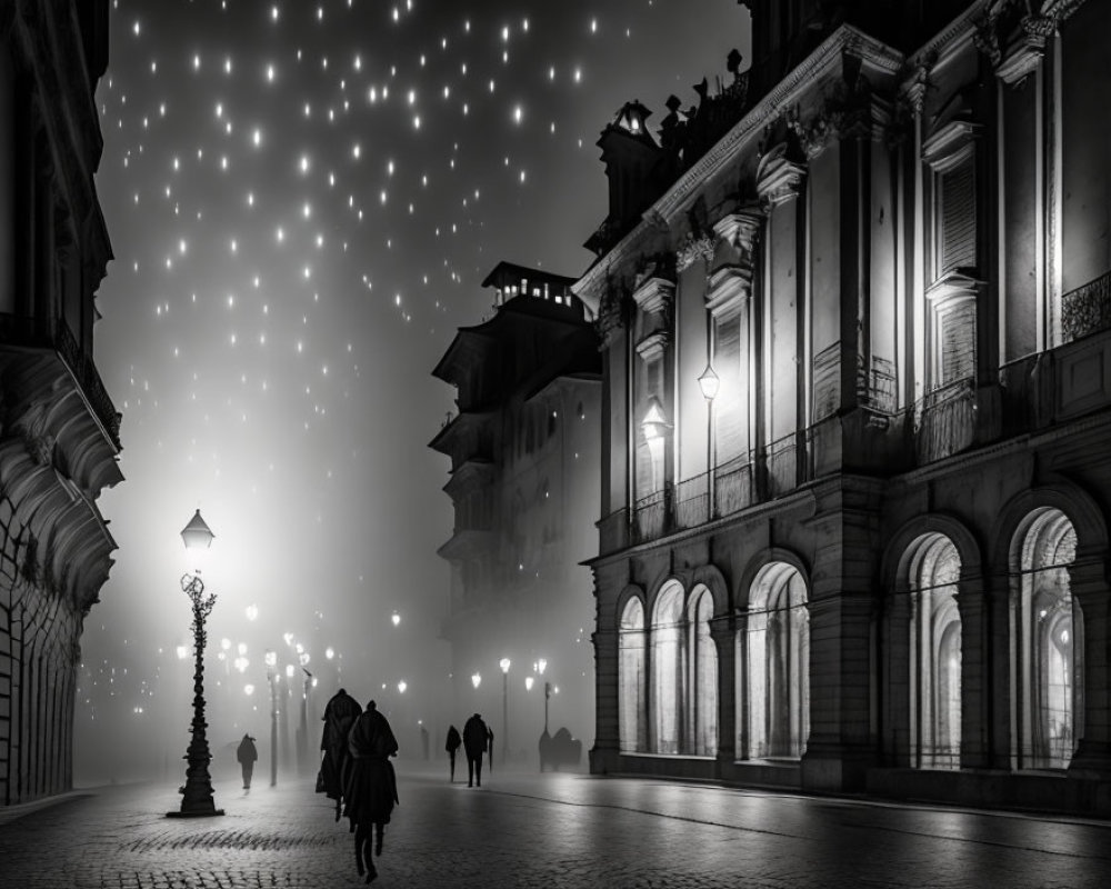 Monochrome picture of people walking on foggy, street-lit boulevard