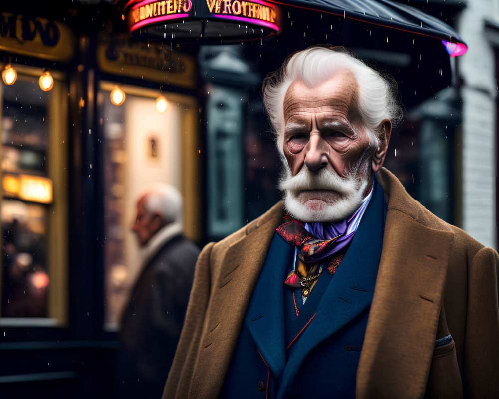 Elderly gentleman in blue suit on city street with shop signage and people