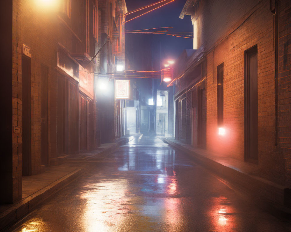 Misty urban alley at night with glowing streetlights and neon signs