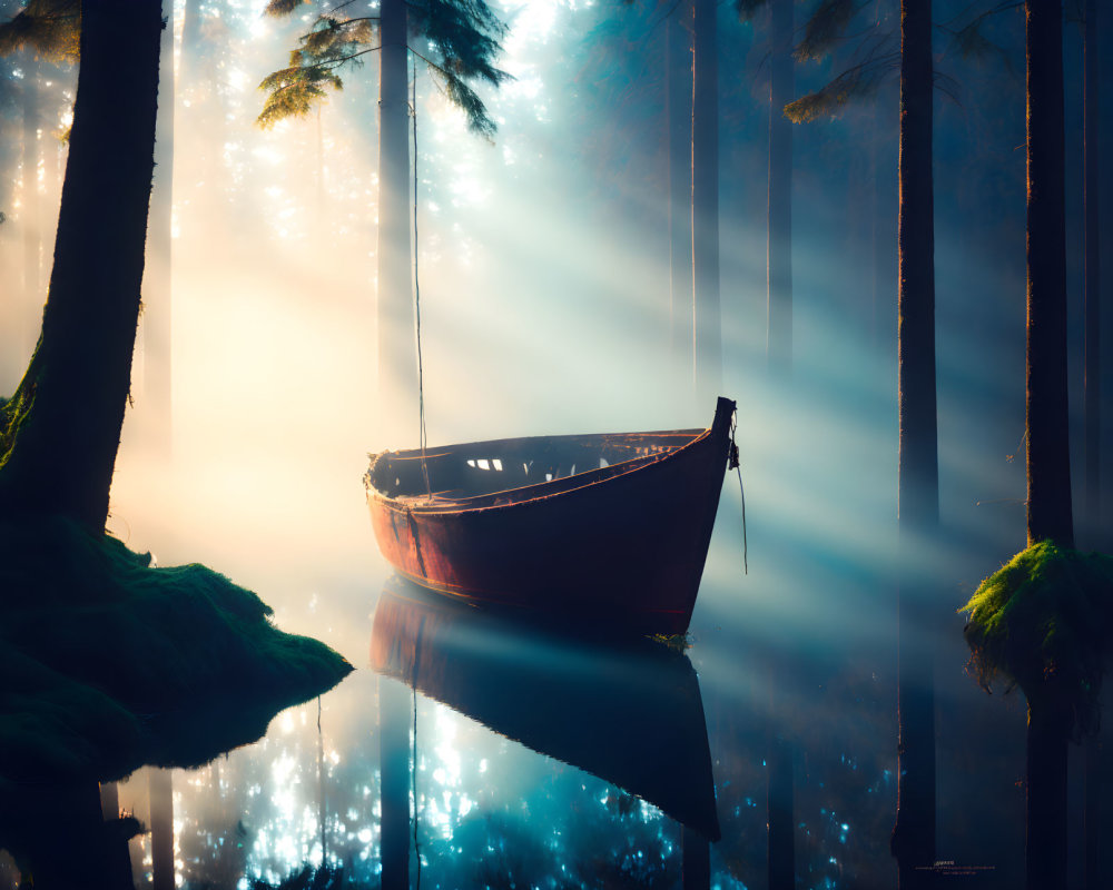 Tranquil lake with boat under sunbeams