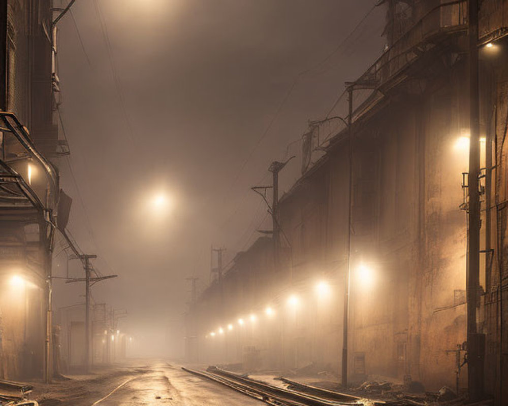 Misty industrial night scene with glowing streetlights and shadowy structures