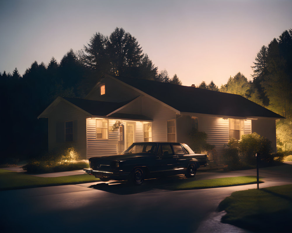 Vintage car parked by illuminated single-story house at twilight