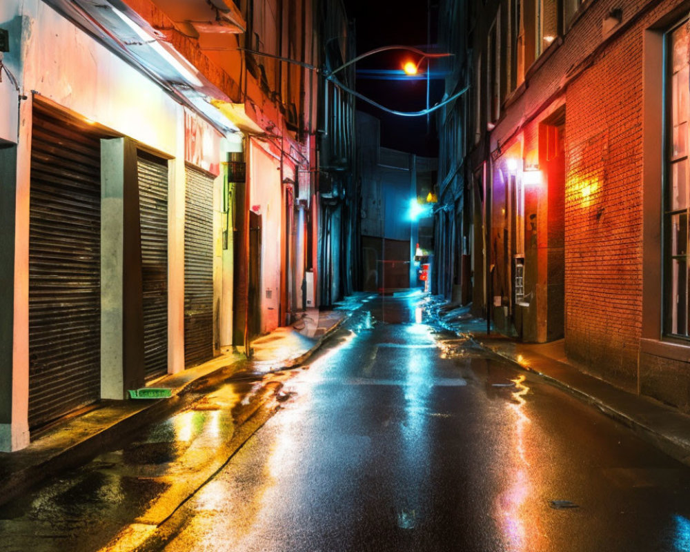 Urban night scene: wet street, closed shops, neon signs, reflections