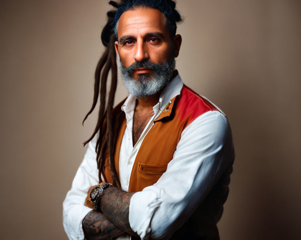 Confident man with long dreadlocks and full beard in white shirt and vest against brown backdrop