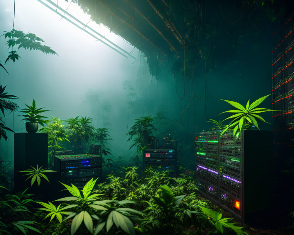 Mystical indoor scene with cannabis plants and glowing server racks in ethereal fog