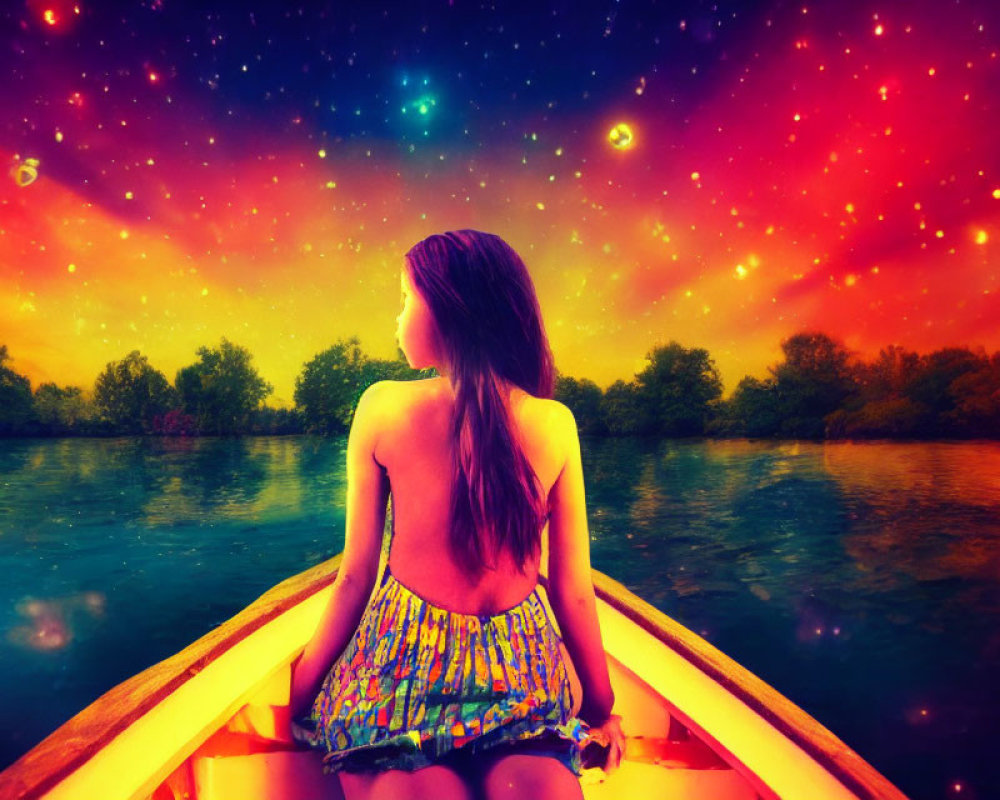 Woman in boat under colorful starry sky above river